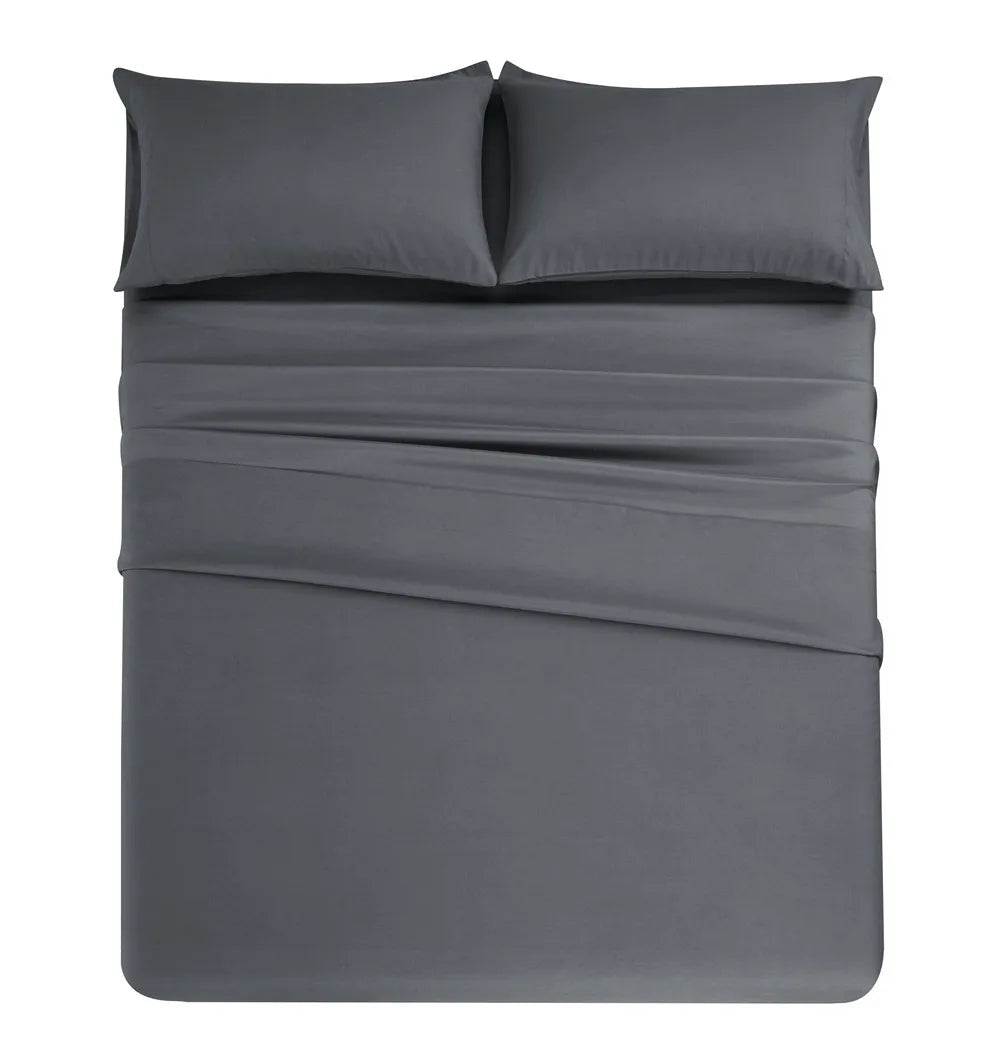 A set of gray soft brushed microfiber bedding including a fitted sheet, flat sheet, and pillowcases.