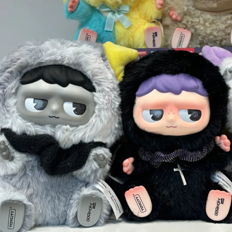 A pair of MONBOO Emotional Weather Station collectible blind box figures featuring gray and black furry characters.