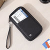 Black RFID-blocking passport holder with a lanyard and airline information card