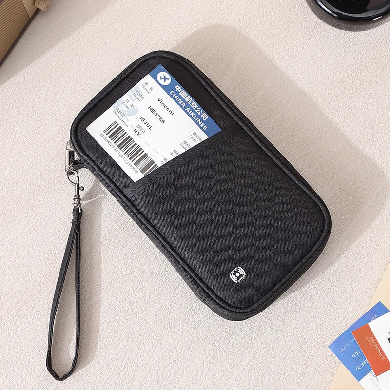 Black RFID-blocking passport holder with a lanyard and airline information card