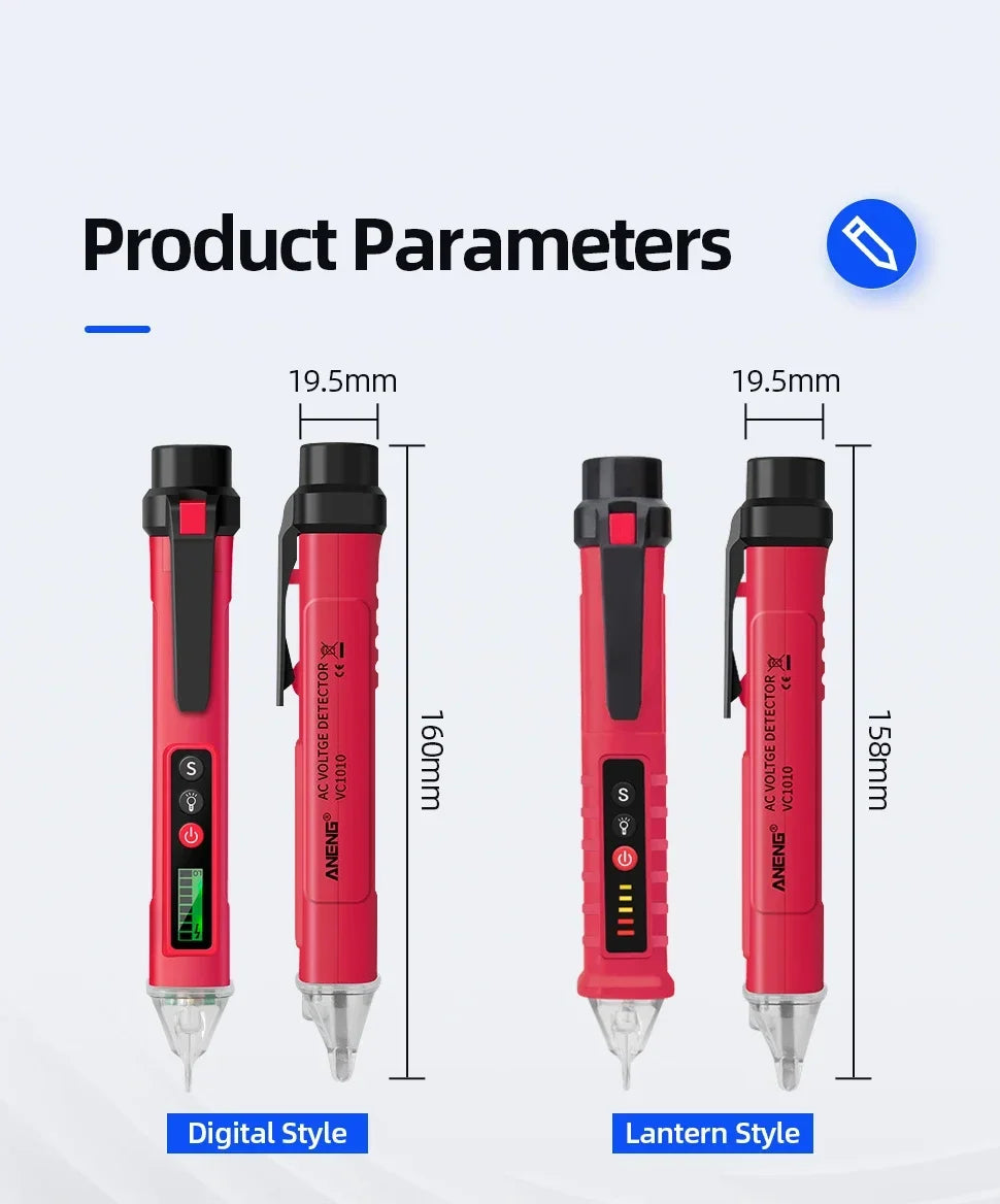 A set of red non-contact AC voltage detector pens shown in digital and lantern styles with LCD displays.