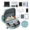 A laptop backpack featuring compartments for a laptop, shoes, and various accessories like pens and gadgets.