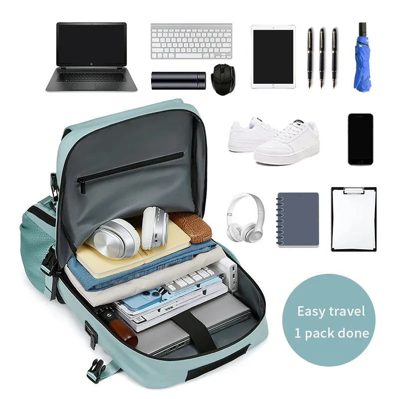A laptop backpack featuring compartments for a laptop, shoes, and various accessories like pens and gadgets.