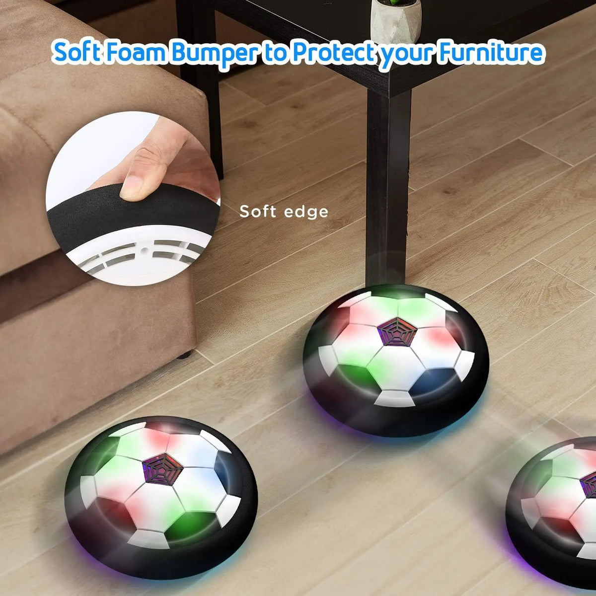A soft foam bumper designed to protect furniture, shown next to glowing LED soccer balls.