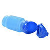 A blue portable urinal designed for travel and outdoor use.