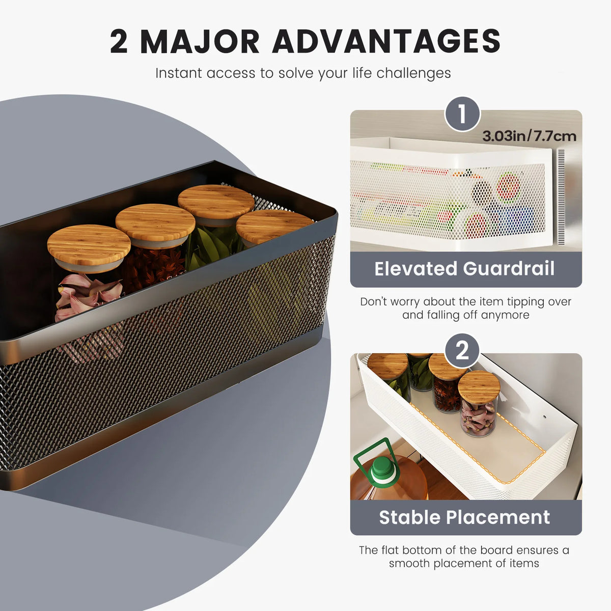 A stainless steel magnetic refrigerator storage rack with an elevated guardrail and stable placement for items.