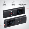 A black laser distance measurer device shown with various measurement options and a red line indicating a measurement.