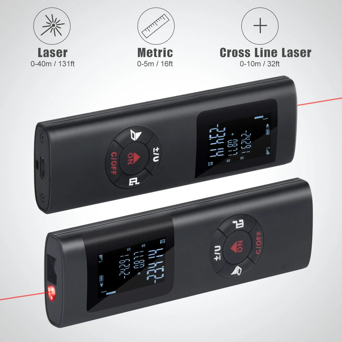 A black laser distance measurer device shown with various measurement options and a red line indicating a measurement.