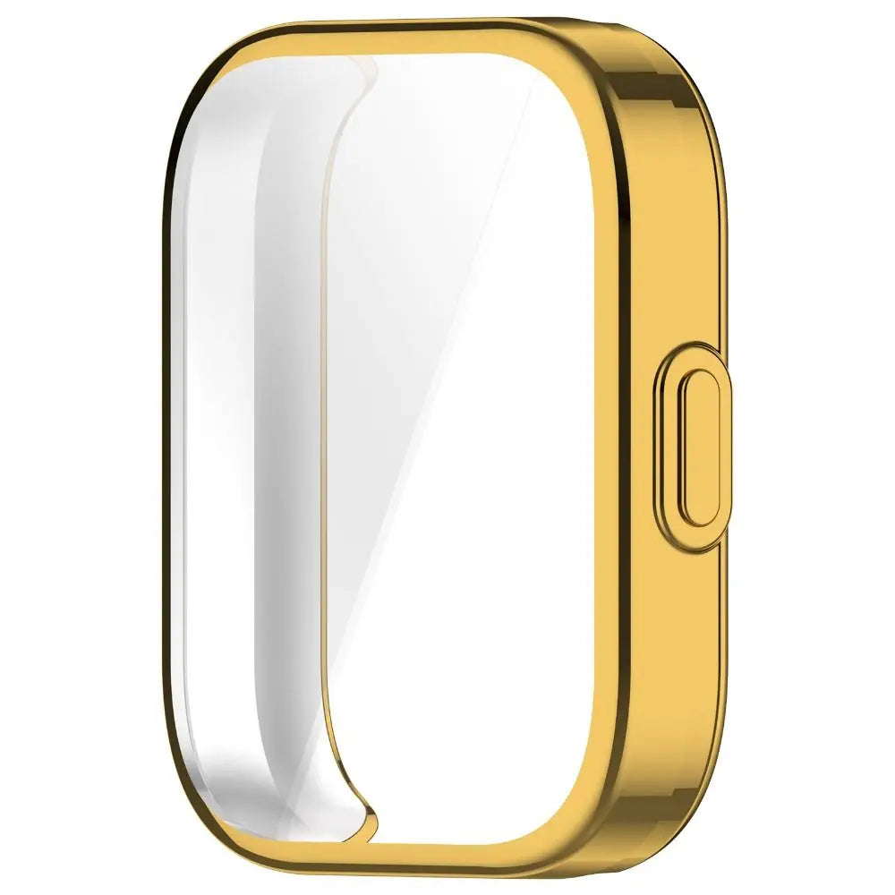 A gold-colored protective TPU case for an Amazfit Bip 5 Unity smartwatch.