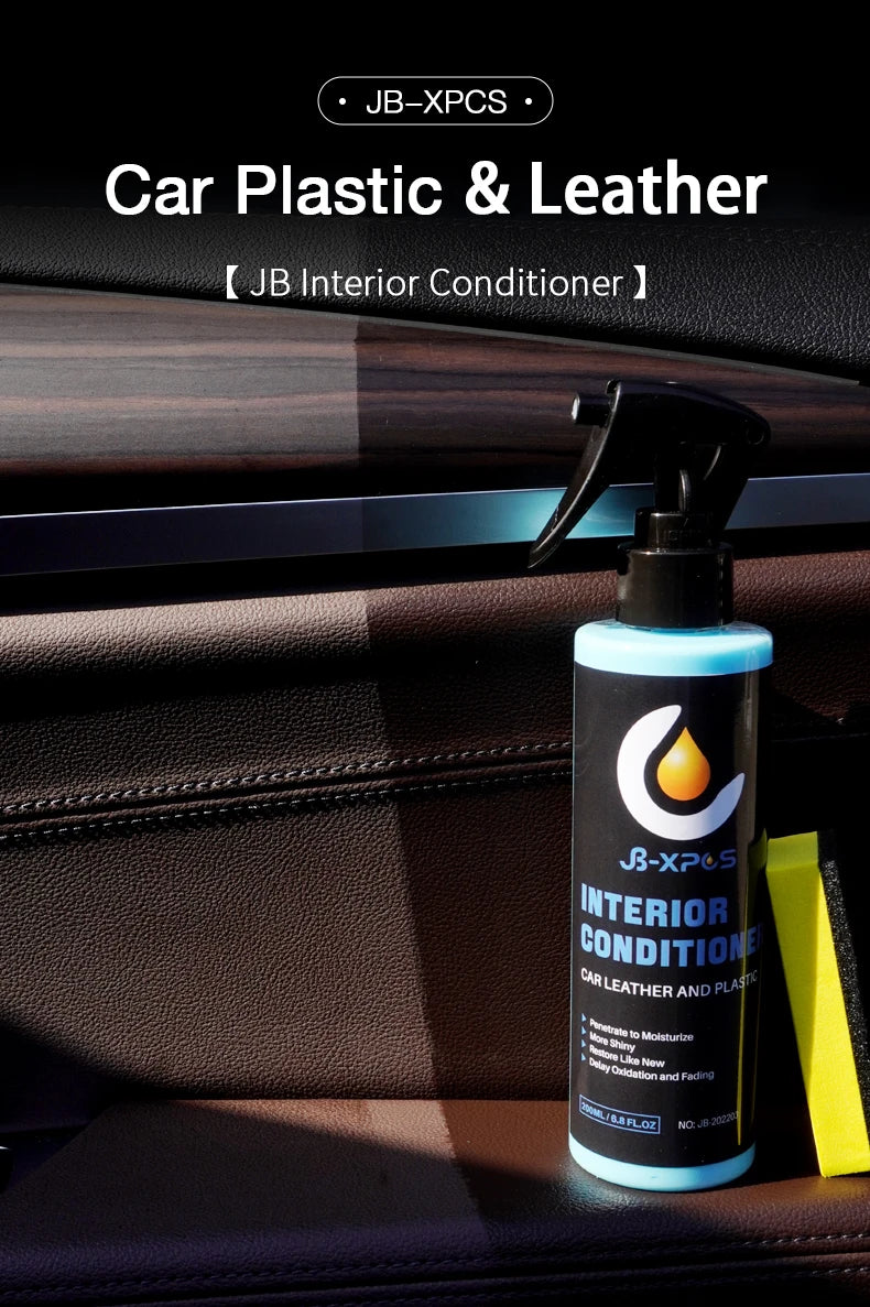 A bottle of JB Interior Conditioner for car plastic and leather is shown on a dark car interior surface.