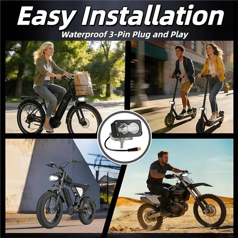 A woman rides a bicycle, demonstrating the easy installation of a waterproof 3-pin plug and play headlight.