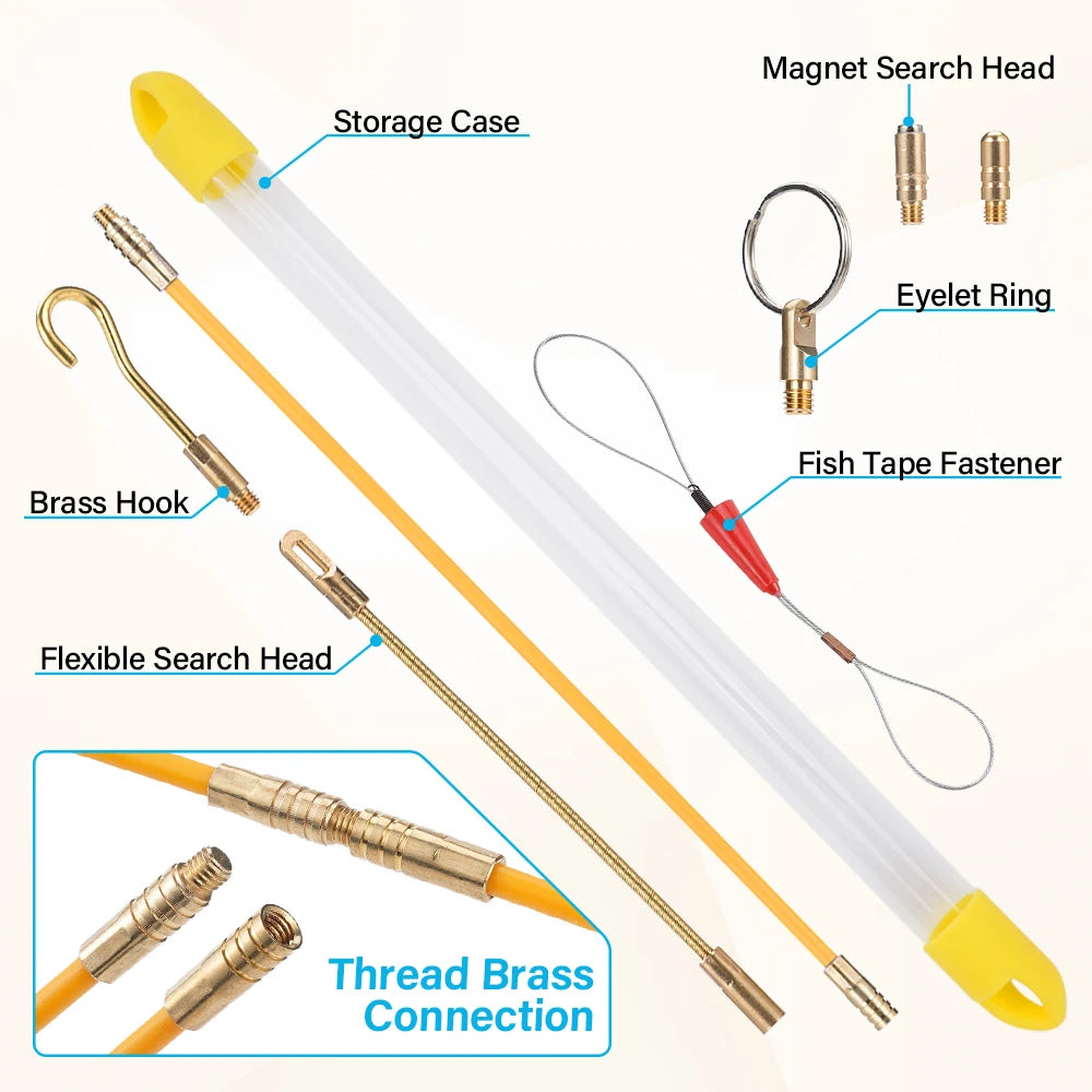 A set of fiberglass fish tape wire pulling kit showing various components like a storage case, search head, hook, and brass f