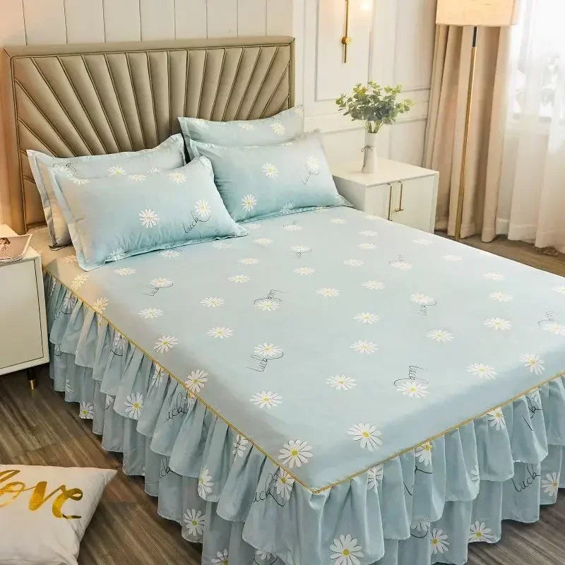 Floral Bed Skirt Set with Anti-Slip Mattress Cover