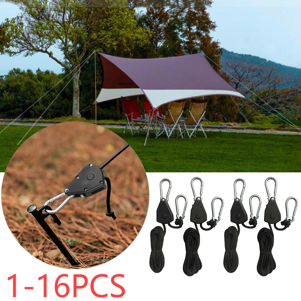 Set of 16 black rope tensioner hooks for camping tents with ratchet pulley mechanism