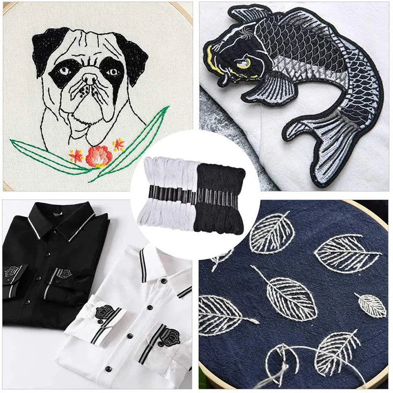 A collection of 24 embroidery floss in white and black, including a pug design and leaf motifs.