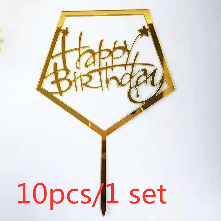 Gold Acrylic Happy Birthday Cake Toppers (Set of 10)