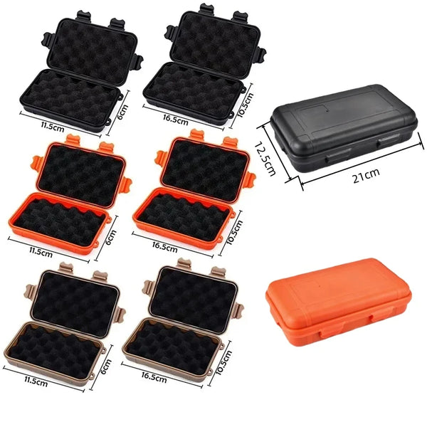 Various sizes and colors of waterproof sealed storage boxes for outdoor adventures shown in various orientations.