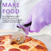 A hand wearing a purple disposable glove uses a meat slicer to cut a pizza.