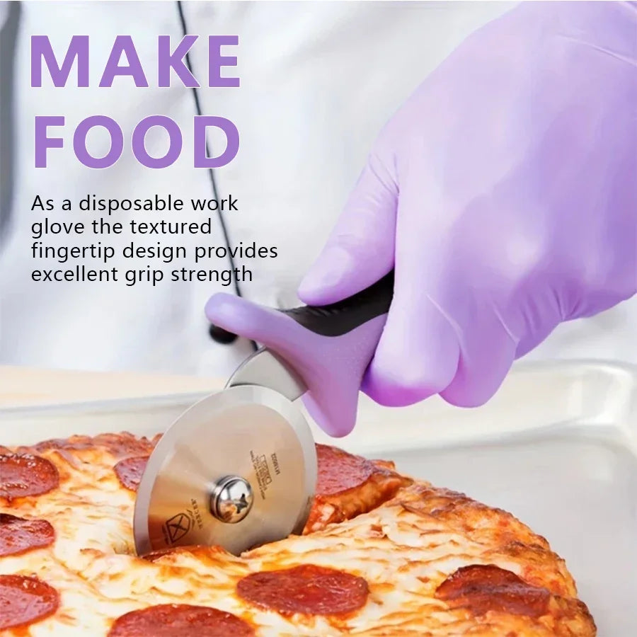 A hand wearing a purple disposable glove uses a meat slicer to cut a pizza.