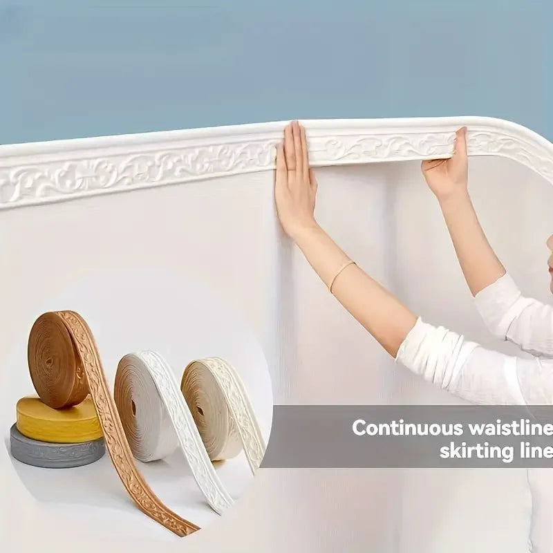 Hands are applying a continuous wallline skirting trim sticker to a white wall border.