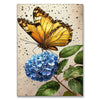 A yellow butterfly rests on a blue hydrangea flower amidst raindrops on a light background.