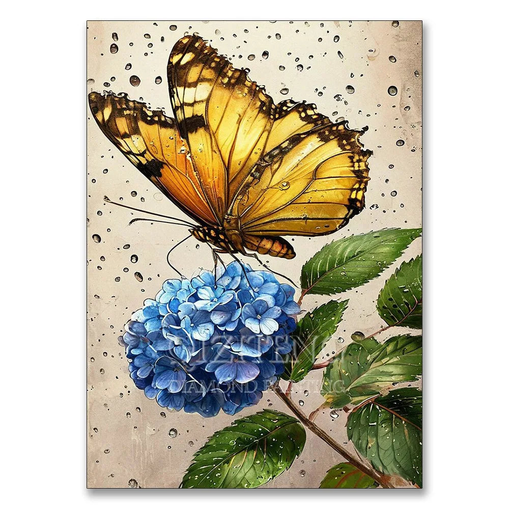 A yellow butterfly rests on a blue hydrangea flower amidst raindrops on a light background.