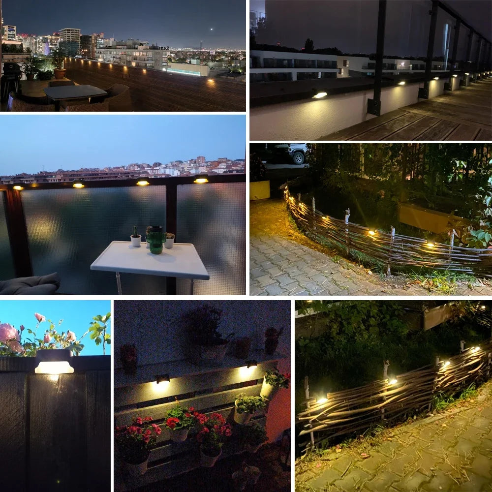 Various images showing solar-powered LED step lights illuminating outdoor stairs, paths, and architectural features at night.