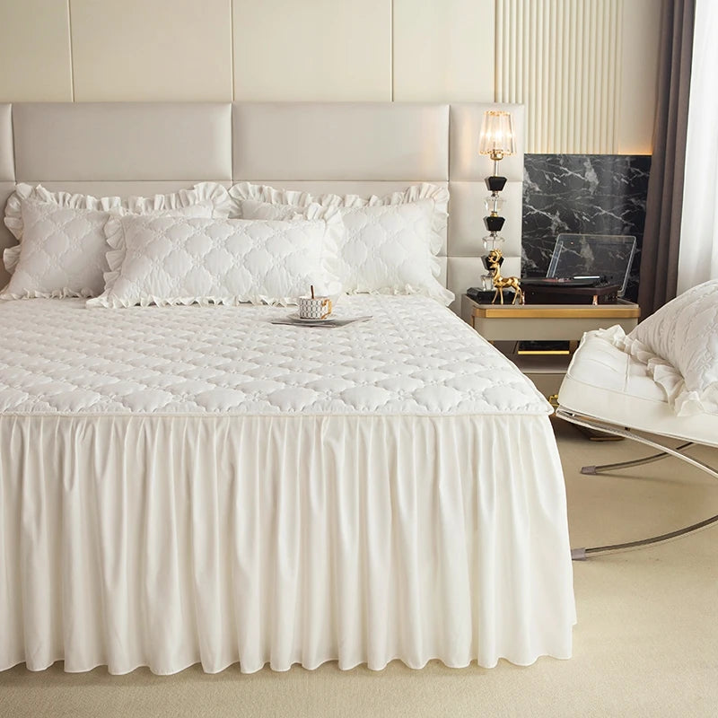 Quilted Solid Color Bed Skirt with Pleated Ruffle