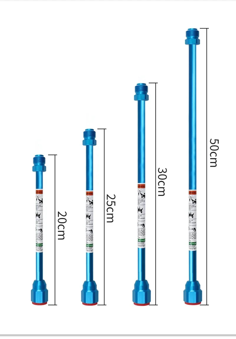 A set of blue paint sprayer extension rods shown in various lengths, measuring 20cm, 30cm, and 50cm.