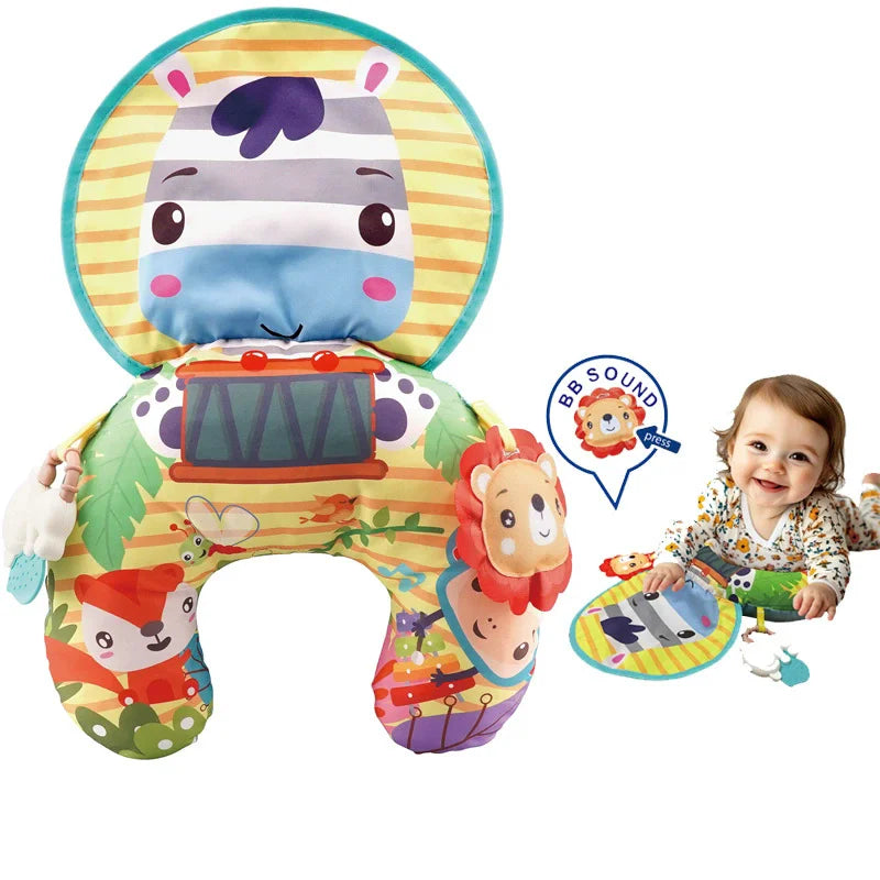 A high contrast tummy time pillow shaped like a zebra with various animal decorations for babies.