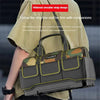 A person is carrying a heavy-duty camouflage tool kit bag with a reinforced base and widened shoulder strap design.
