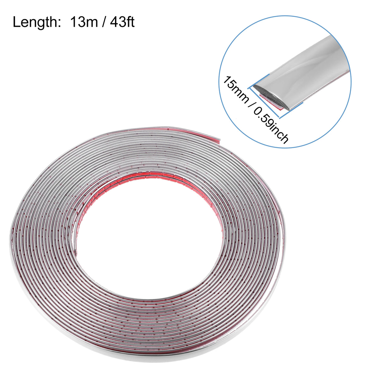 Roll of chrome car door edge guard trim strip with a 13m length and 15mm thickness.