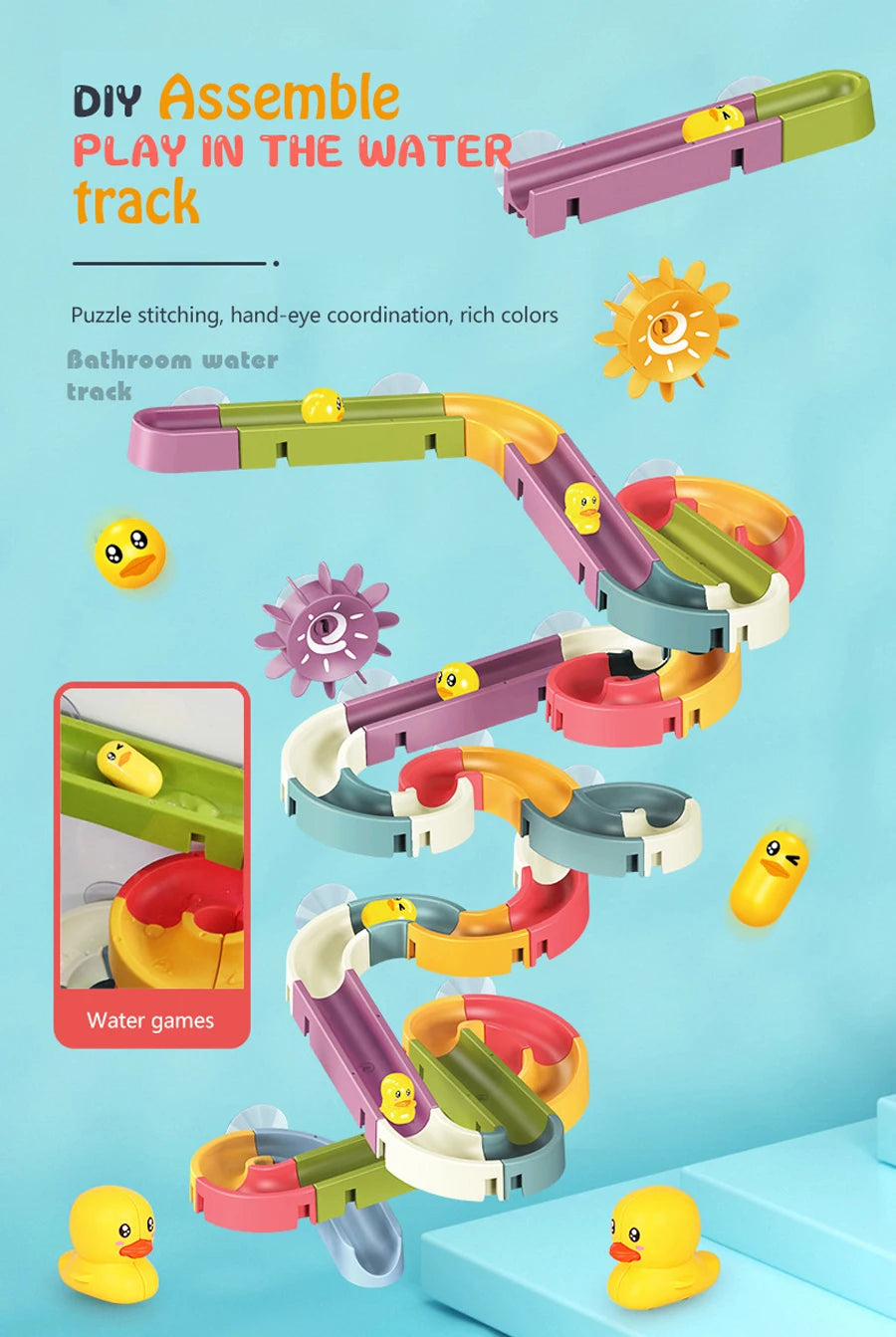 A DIY assemble play set featuring colorful water tracks and duck figures for toddlers.