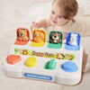 A white toy featuring various animal figures in colorful slots for sensory learning and fine motor skills.
