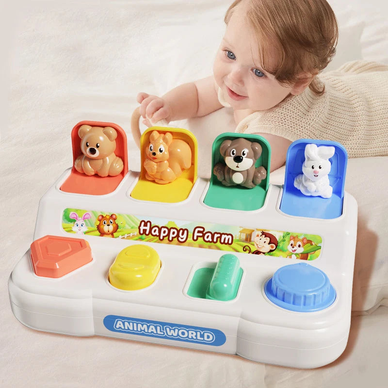 A white toy featuring various animal figures in colorful slots for sensory learning and fine motor skills.