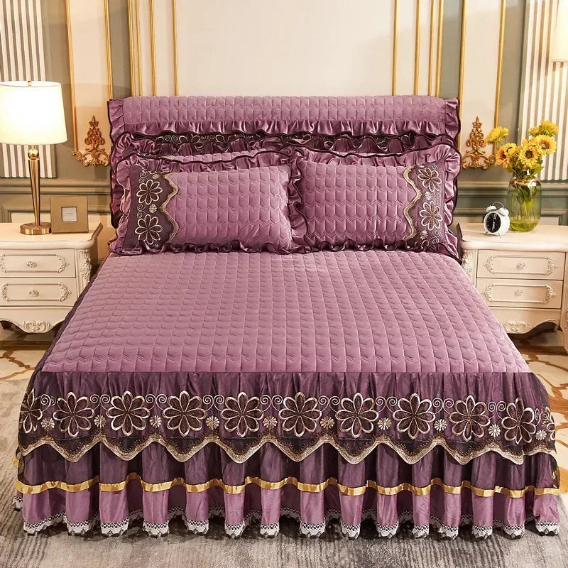 Crystal Velvet Gold Lace Bed Skirt with Anti-Slip Base