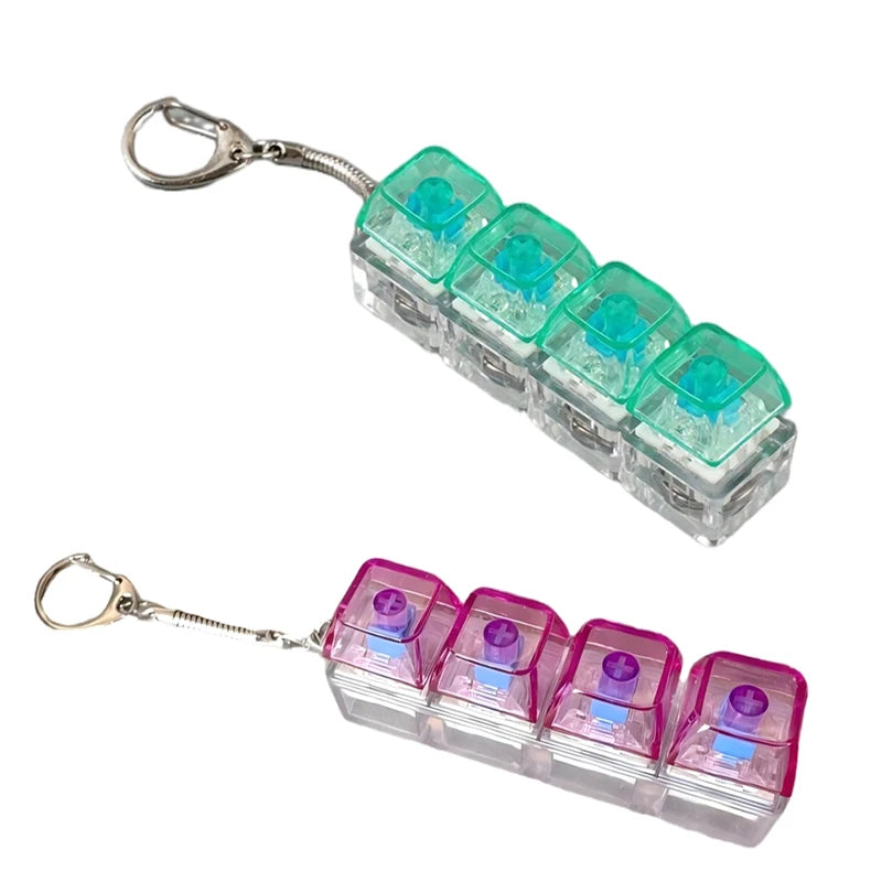 Clear plastic LED light-up keyboard keychain fidget toy with a metal loop.