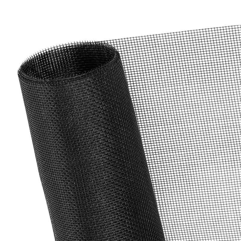 Roll of black fiberglass window screen mesh used as a tear-resistant insect barrier for doors and windows.