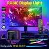 An RGBIC display light product showing a monitor with colorful backlight strips and various computer operating systems logos.