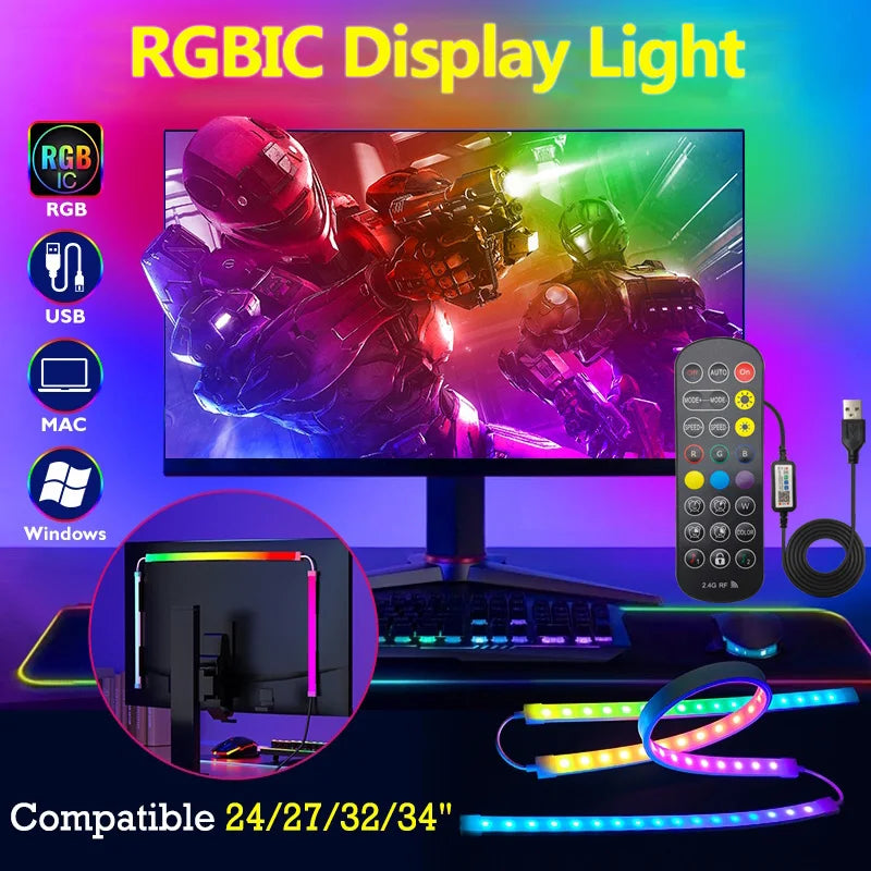 An RGBIC display light product showing a monitor with colorful backlight strips and various computer operating systems logos.