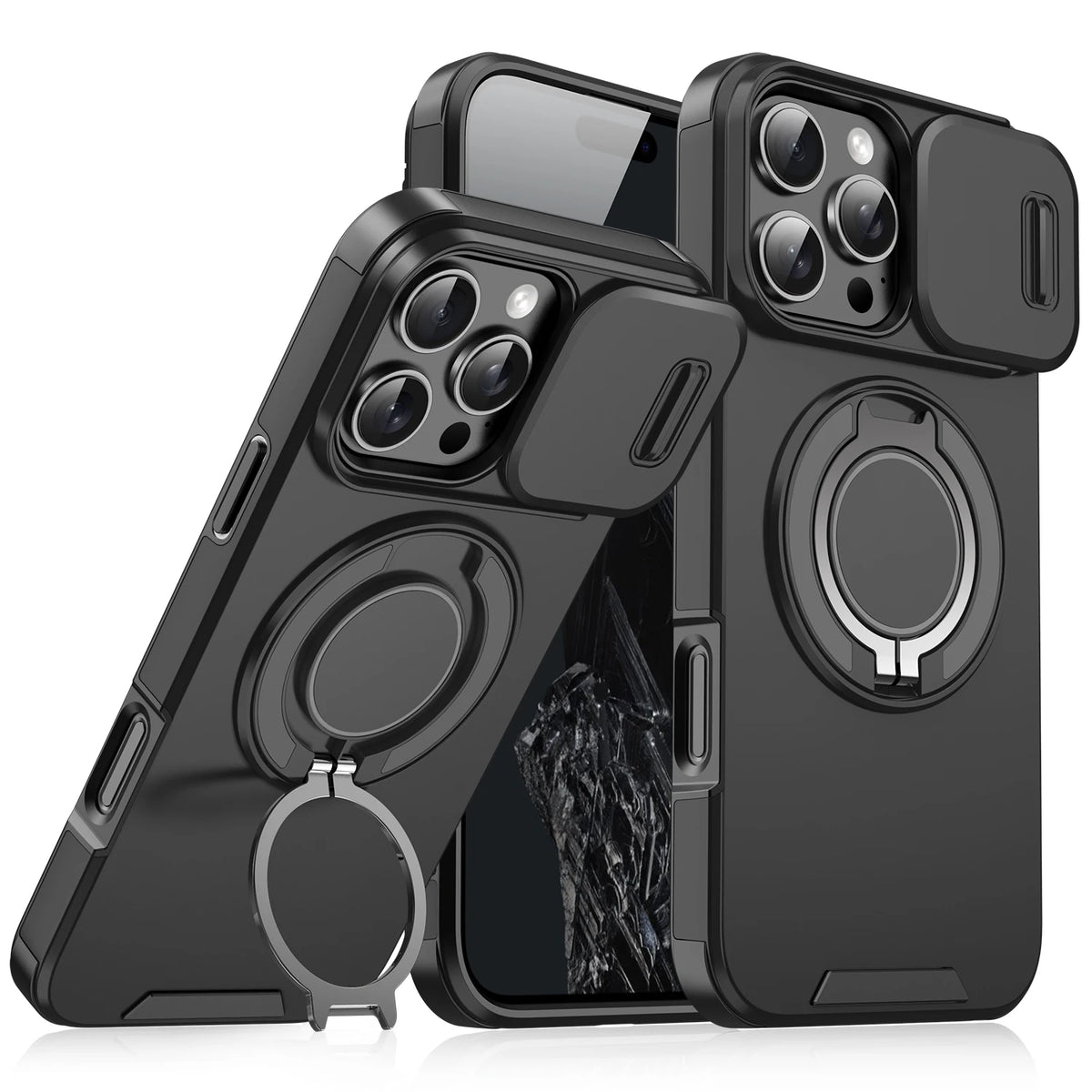 Schwarzer, robuster Magnetring-Ständer-Zubehör für iPhone-Hüllen in Nahaufnahme.
