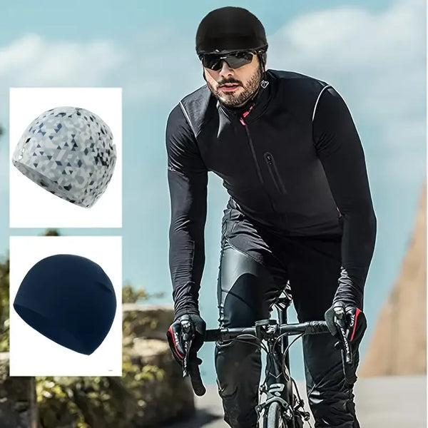 A man wearing a black long-sleeved shirt and pants is holding a bicycle, with a breathable cooling helmet liner cap shown sep