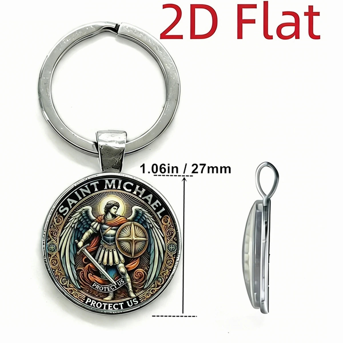Silver 2D flat Saint Michael Archangel key chain with an angel design and protective text