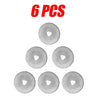 Six pieces of a rotary cutter sewing kit including a cutting mat, ruler, and spare blades