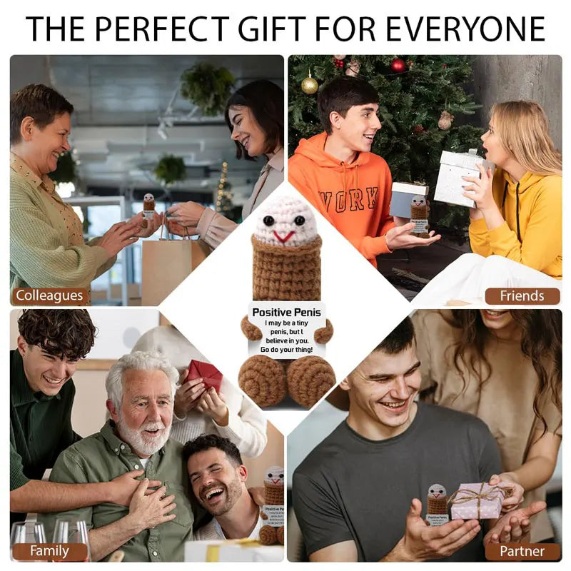 A collection of people receiving hand-crocheted positive energy dolls and cards as gifts for colleagues, friends, family, and