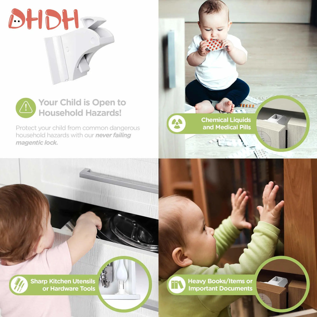 Magnetic child safety cabinet locks protecting children from household hazards like chemical liquids and medical pills