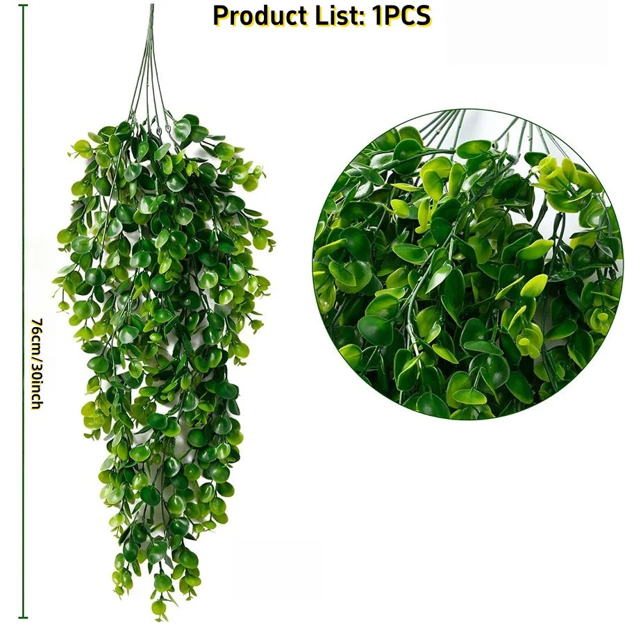 A long, cascading artificial green hanging vine with glossy leaves used for indoor and outdoor decor.