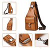Brauner PU-Leder-Gürteltasche in verschiedenen Winkeln und Details.