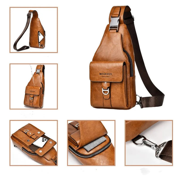 A brown PU leather belt crossbody sling bag shown in various angles and details.