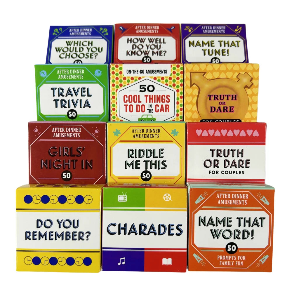 A collection of card game boxes featuring titles like How Well Do You Know Me, Travel Trivia, and Truth or Dare for Couples.